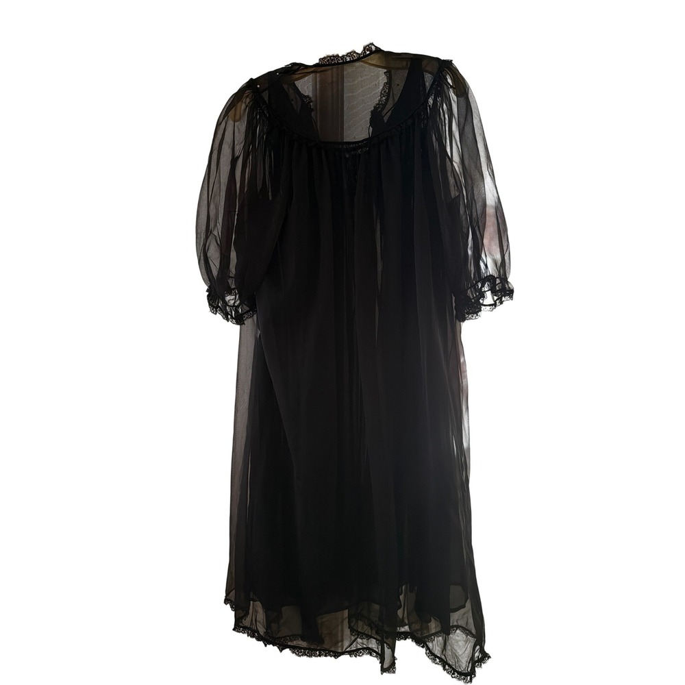 Vintage Peignoir Set Black 1960s Nylon Tricot Lace Pearl Nightgown Robe M - Picture 4 of 9